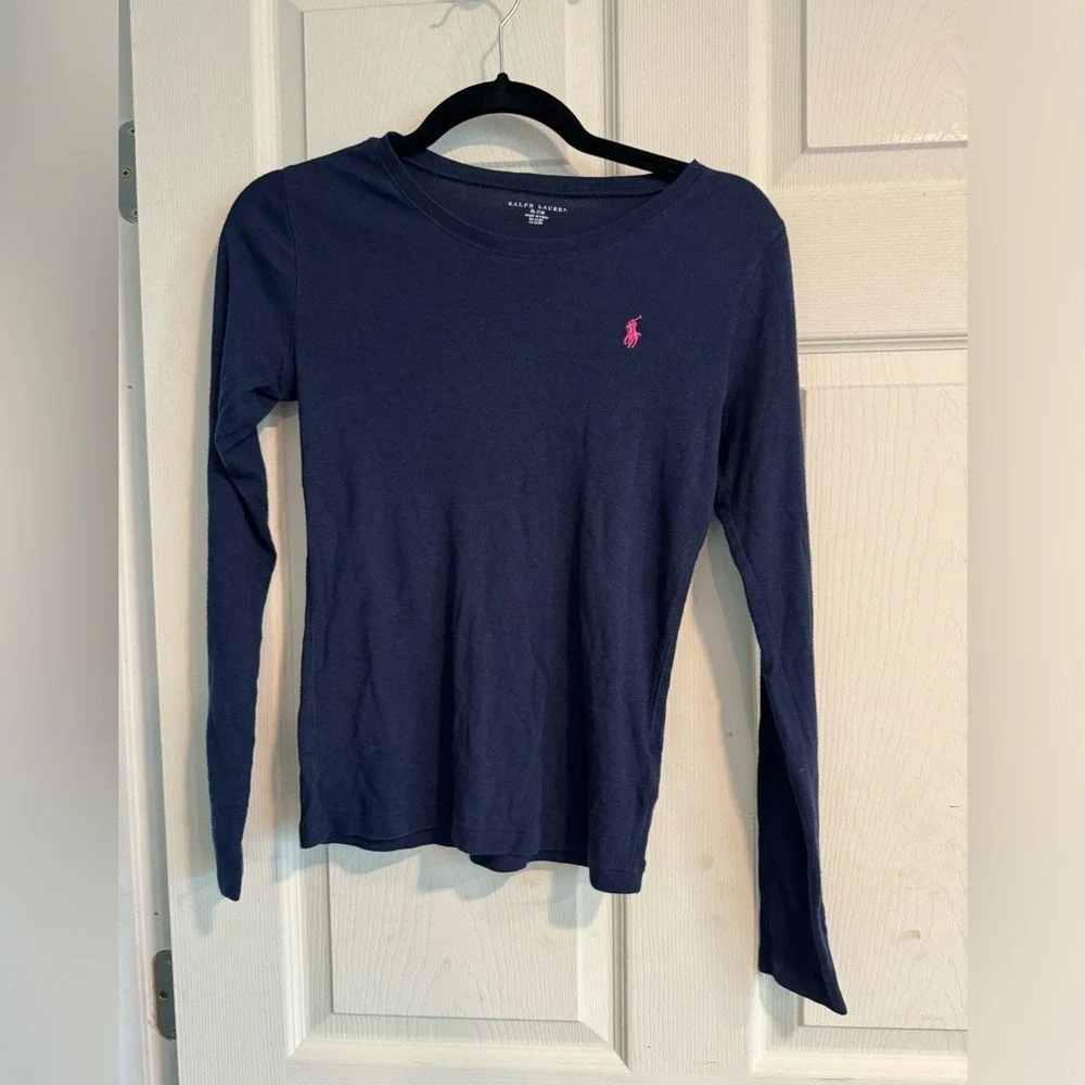 Ralph Lauren Girls Navy Blue Long‎ Sleeve Pima Cotton Modal Tee Shirt XL 16